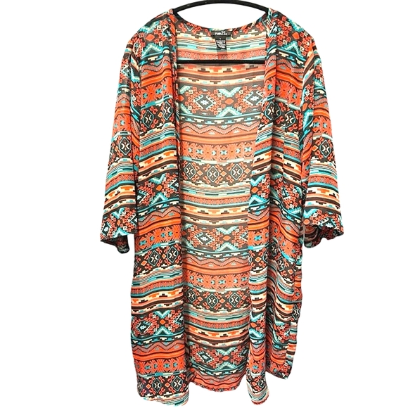 Rue21 Accessories - Rue21 Orange & Turquoise Aztec Print Sheer Open-Front Kimono Duster size Large